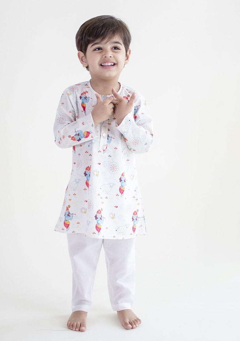 White Printed Cotton Kurta Set For Boys - Indya
