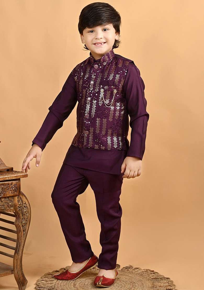 Purple Sequinned Cotton Kurta Set For Boys - Indya