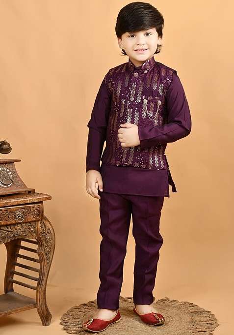 Purple Sequinned Cotton Kurta Set For Boys