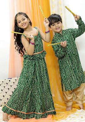 Green Printed Blended Kurta Set For Boys