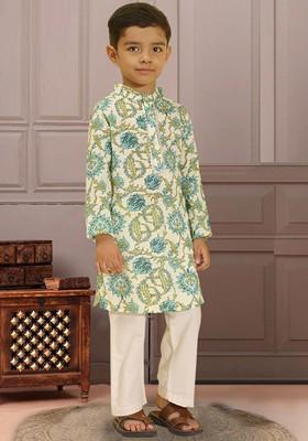 Cream Printed Blended Kurta Set For Boys