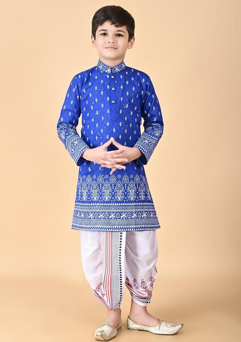 Blue Embroidered Cotton Kurta Set For Boys - Indya