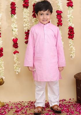 Pink Solid Cotton Kurta Set For Boys