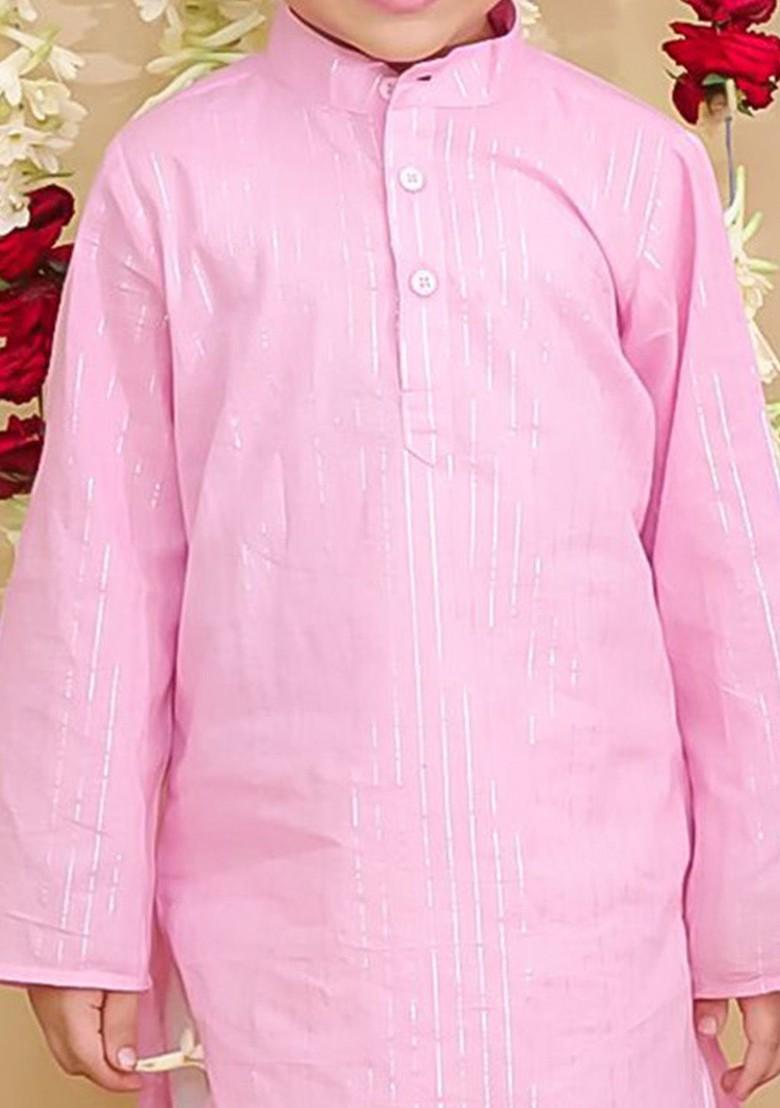 Pink Solid Cotton Kurta Set For Boys - Indya