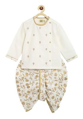 White Embroidered Cotton Kurta Dhoti Set For Boys