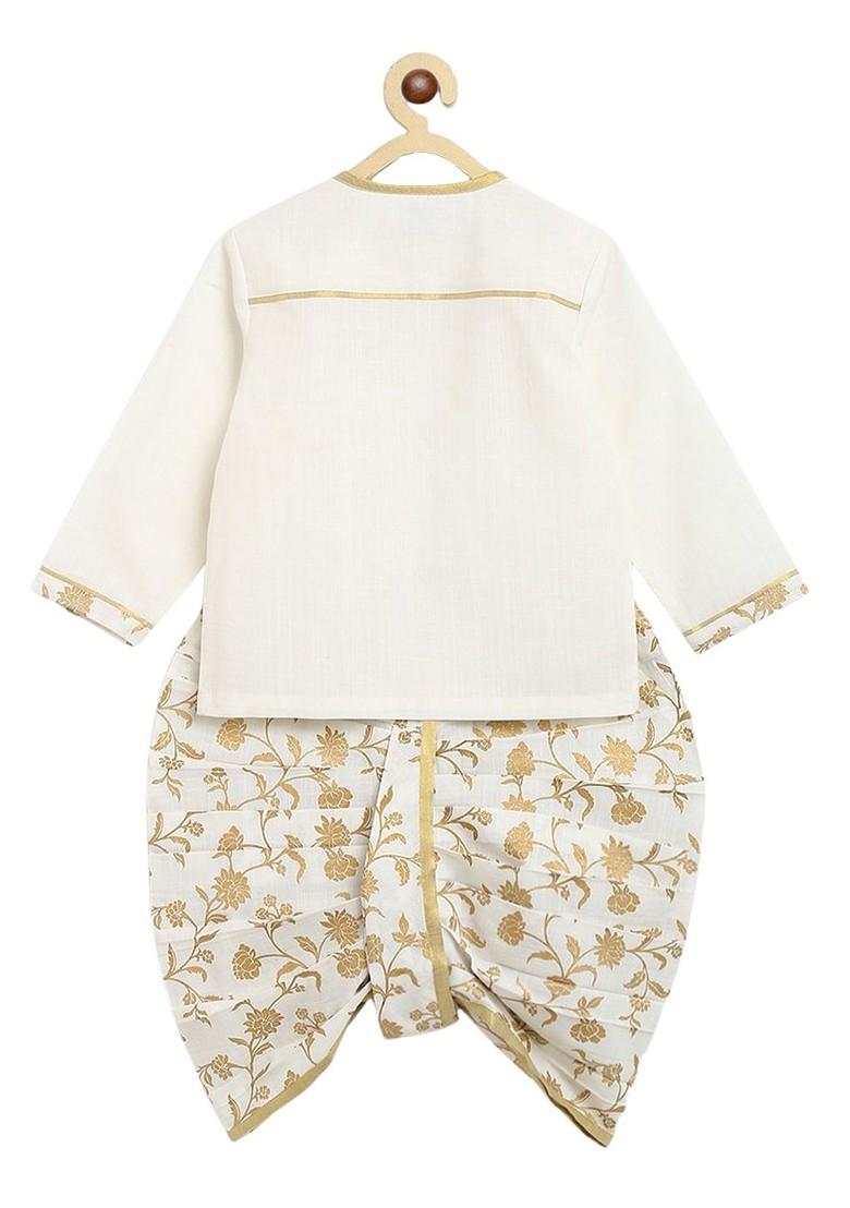 White Embroidered Cotton Kurta Dhoti Set For Boys - Indya