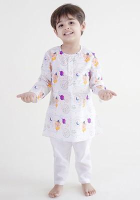 White Printed Cotton Kurta Set For Boys