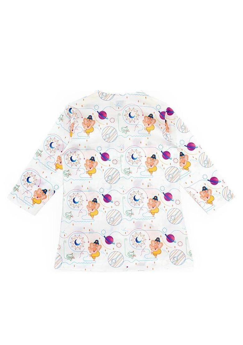 White Printed Cotton Kurta Set For Boys - Indya