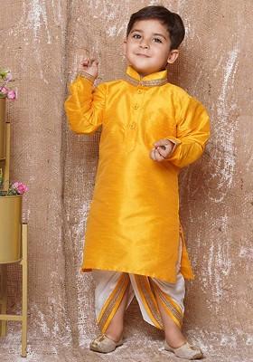 Yellow Solid Blended Kurta Dhoti Set For Boys
