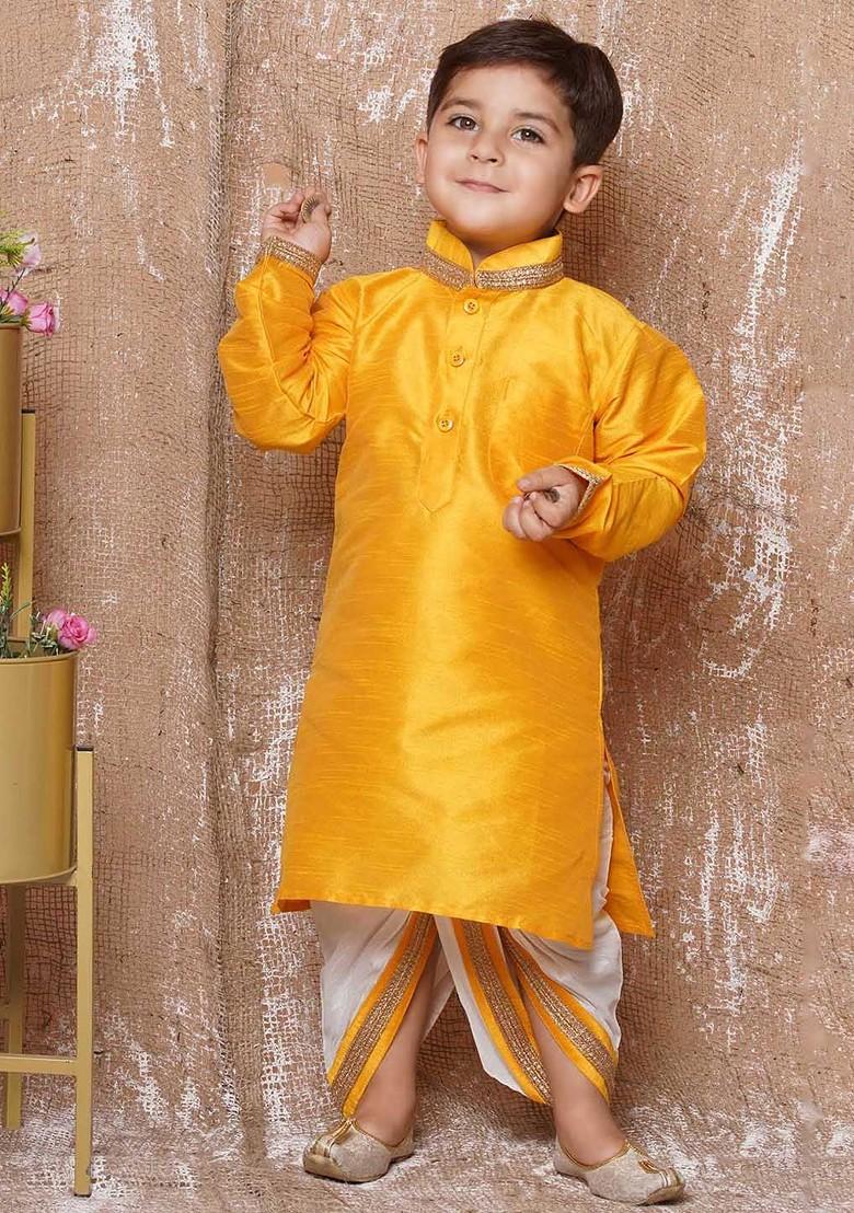 Yellow Solid Blended Kurta Dhoti Set For Boys - Indya
