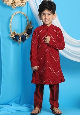 Maroon Embroidered Blended Kurta Set For Boys