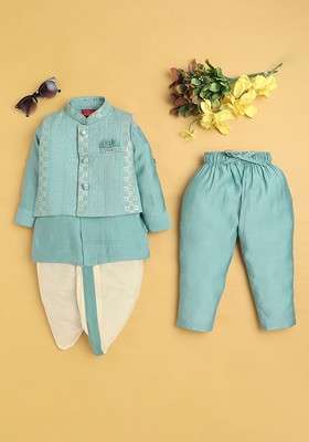 Turquoise Blue Embroidered Blended Kurta Dhoti Set For Boys