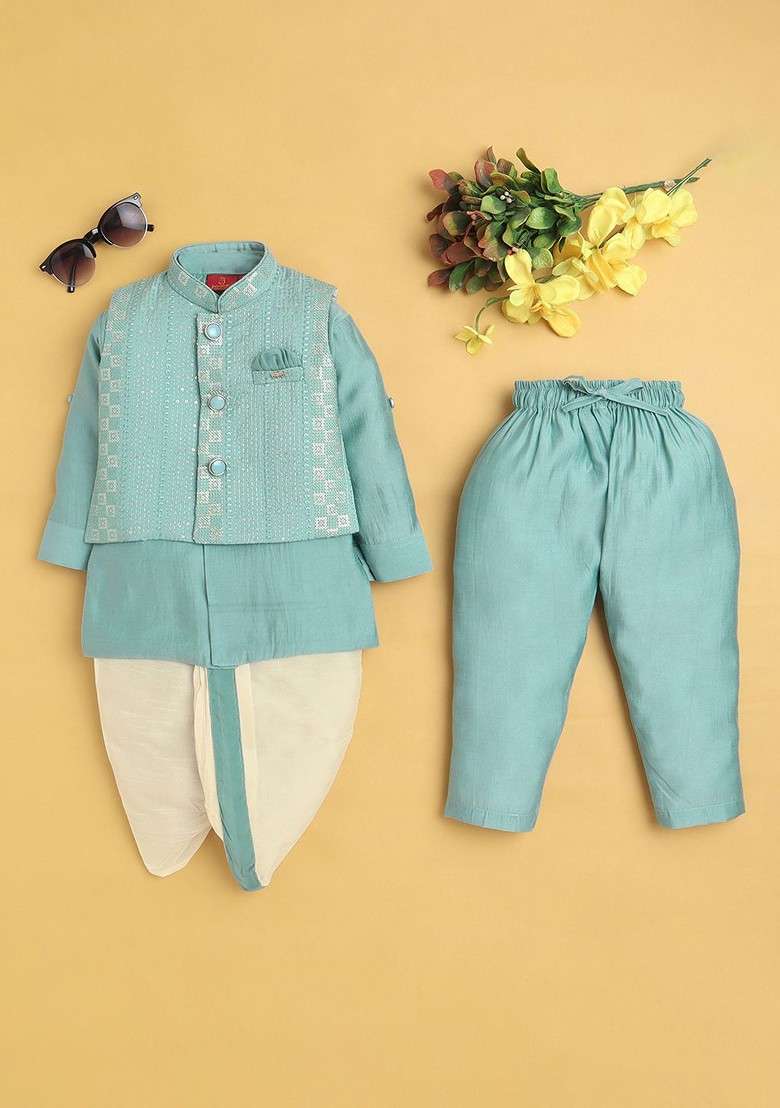 Turquoise Blue Embroidered Blended Kurta Dhoti Set For Boys - Indya
