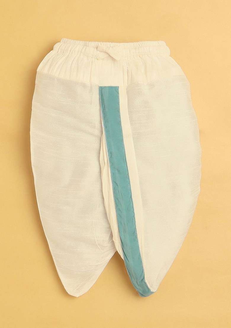 Turquoise Blue Embroidered Blended Kurta Dhoti Set For Boys - Indya