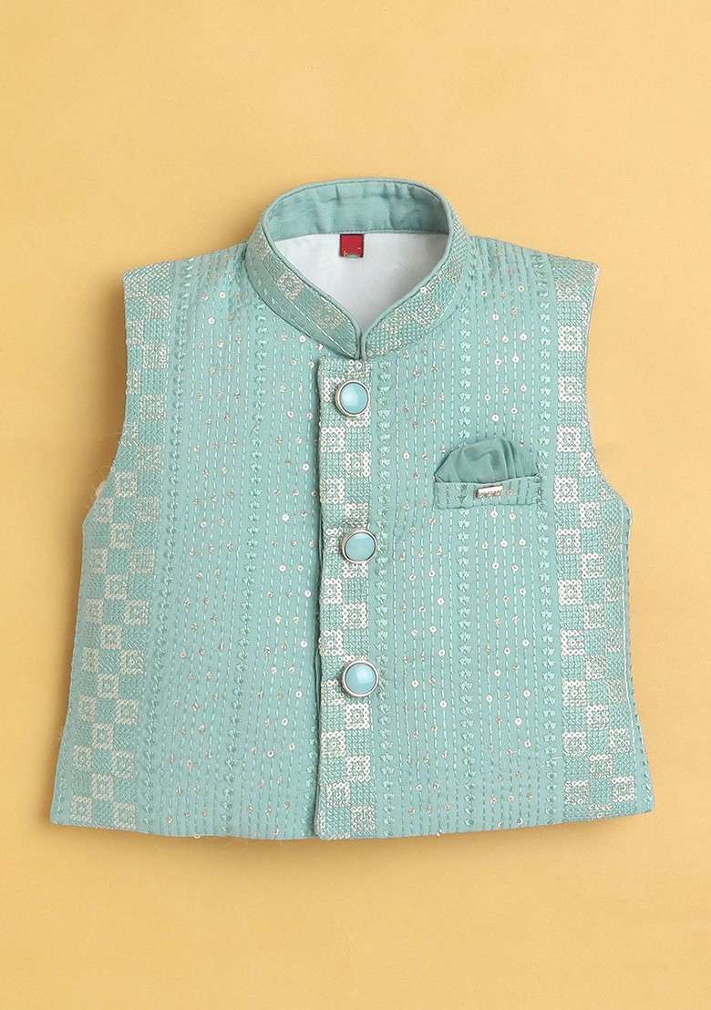 Turquoise Blue Embroidered Blended Kurta Dhoti Set For Boys - Indya