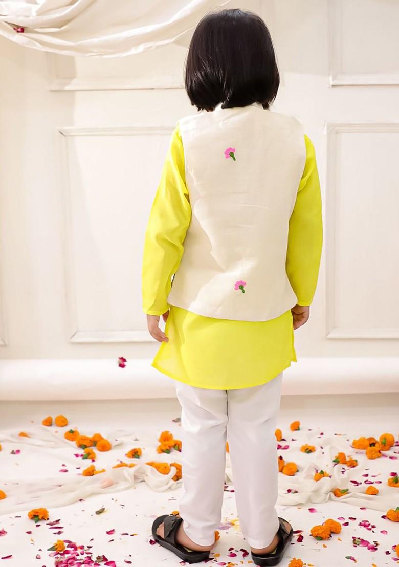 White Floral Cotton Kurta Set For Boys - Indya