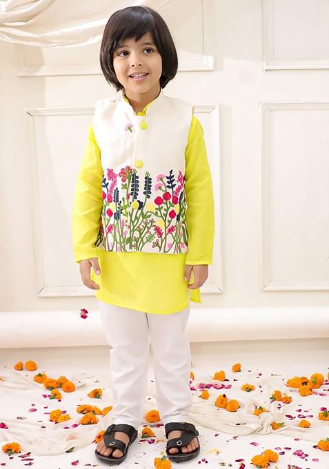 White Floral Cotton Kurta Set For Boys — view on Indya