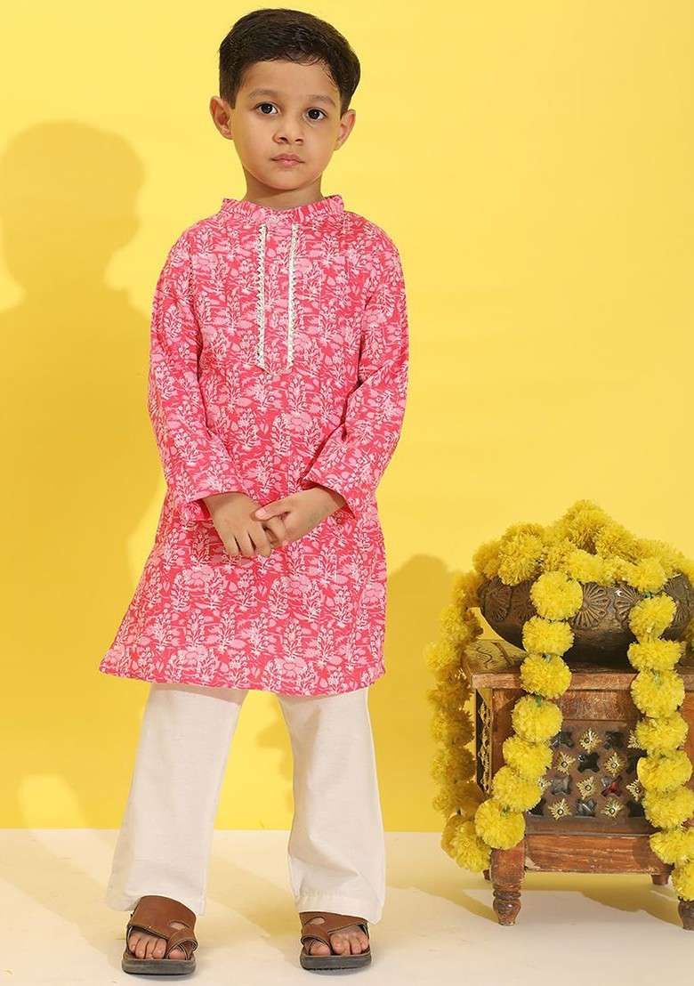 Pink Printed Blended Kurta Set For Boys - Indya
