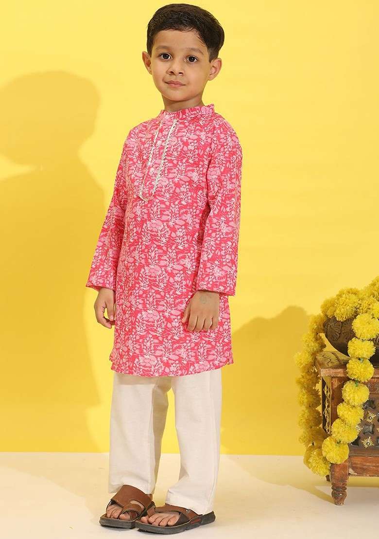 Pink Printed Blended Kurta Set For Boys - Indya