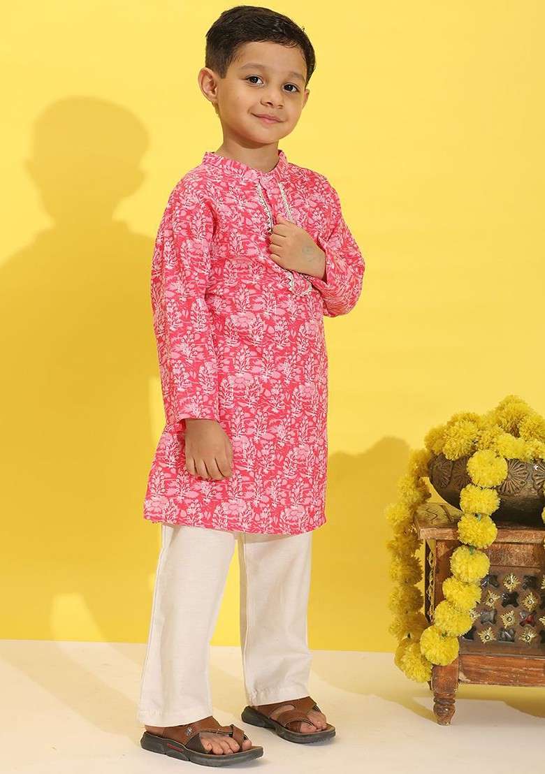 Pink Printed Blended Kurta Set For Boys - Indya