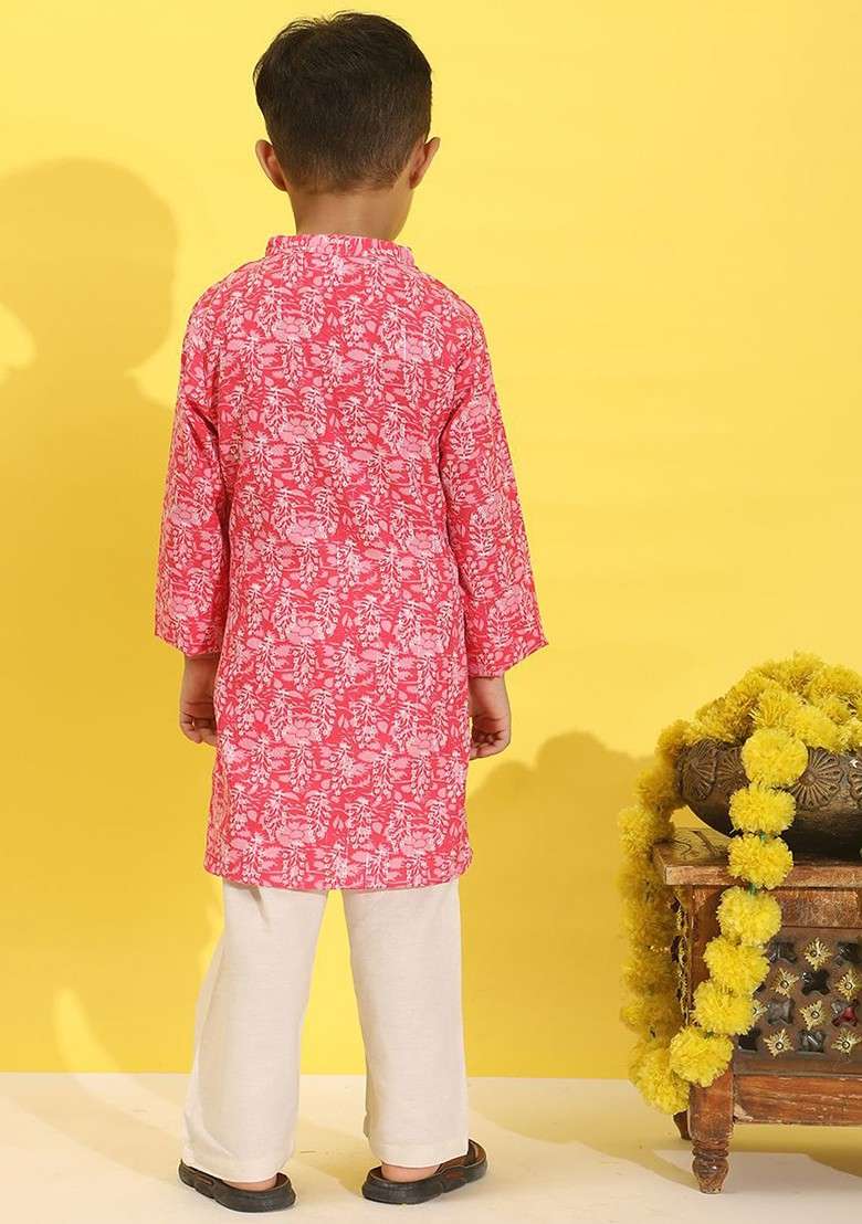 Pink Printed Blended Kurta Set For Boys - Indya