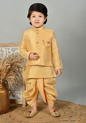 Yellow Floral Blended Kurta Dhoti Set For Boys