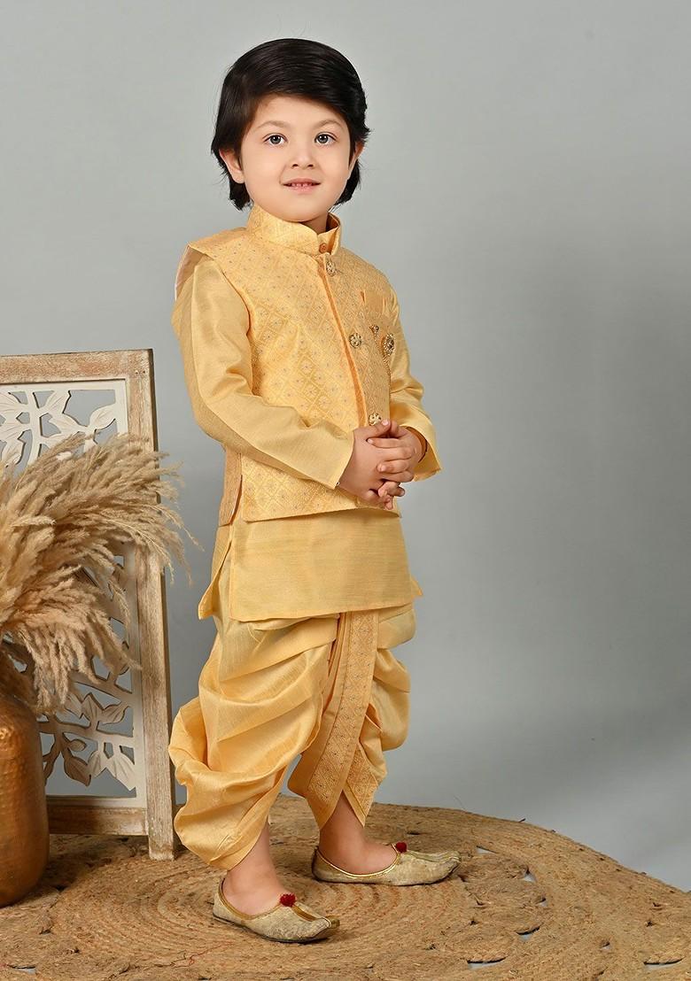 Yellow Floral Blended Kurta Dhoti Set For Boys - Indya