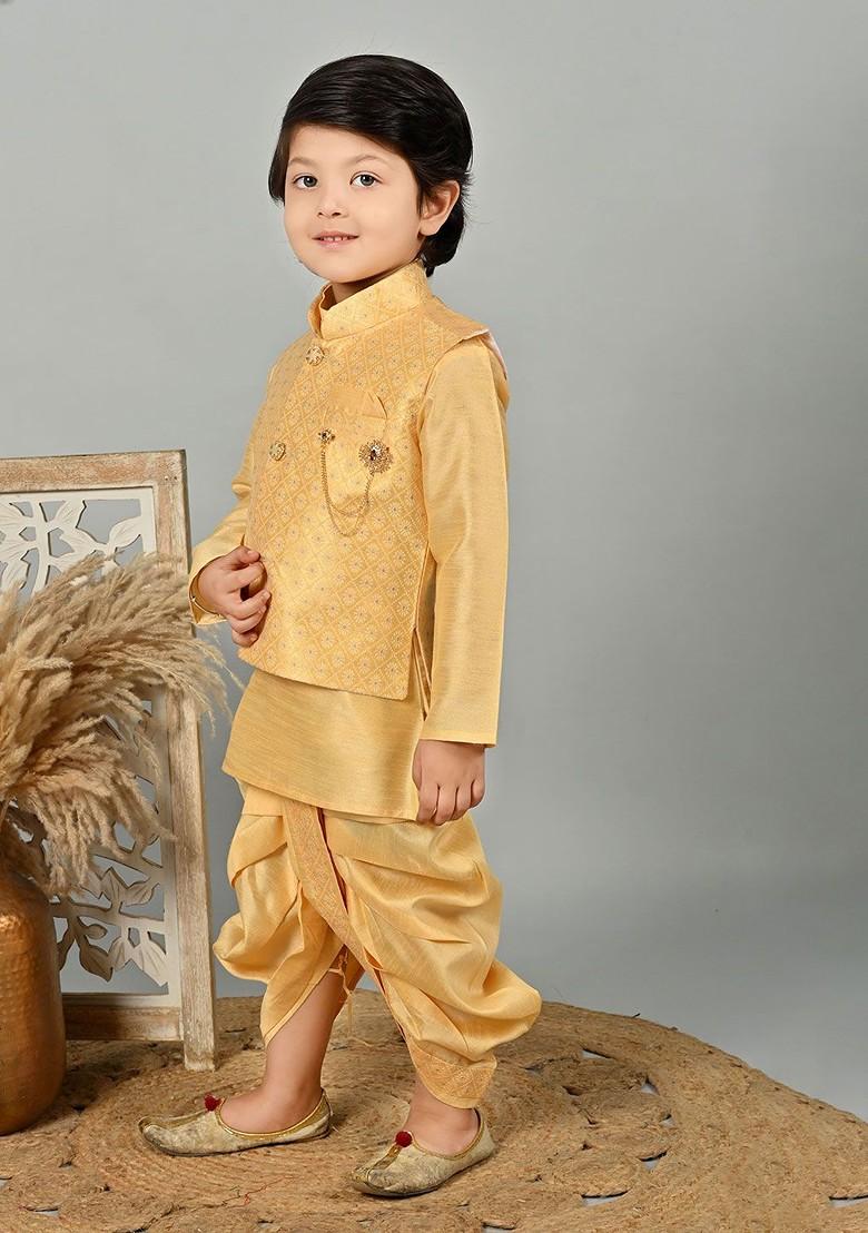Yellow Floral Blended Kurta Dhoti Set For Boys - Indya