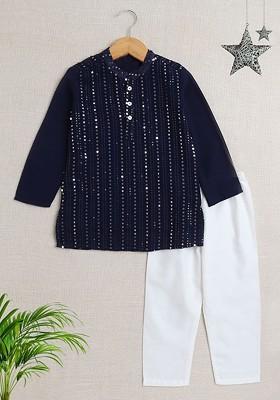 Navy Blue Embroidered Cotton Kurta Set For Boys