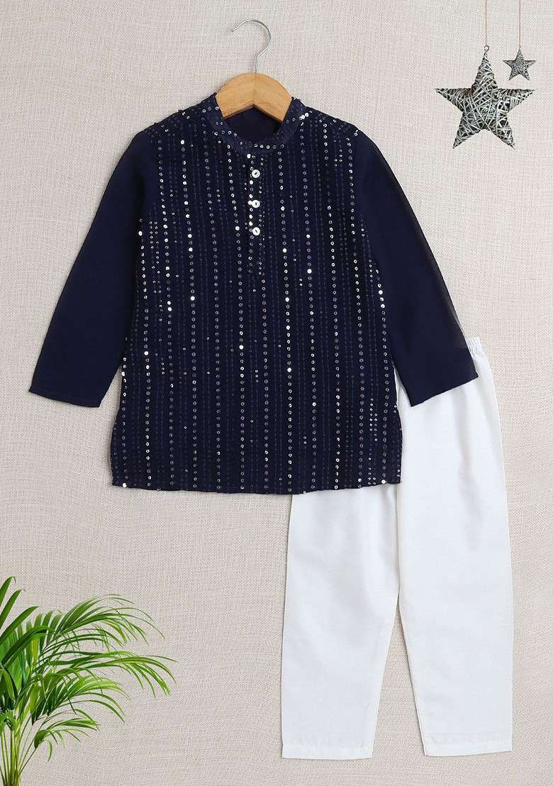 Navy Blue Embroidered Cotton Kurta Set For Boys - Indya