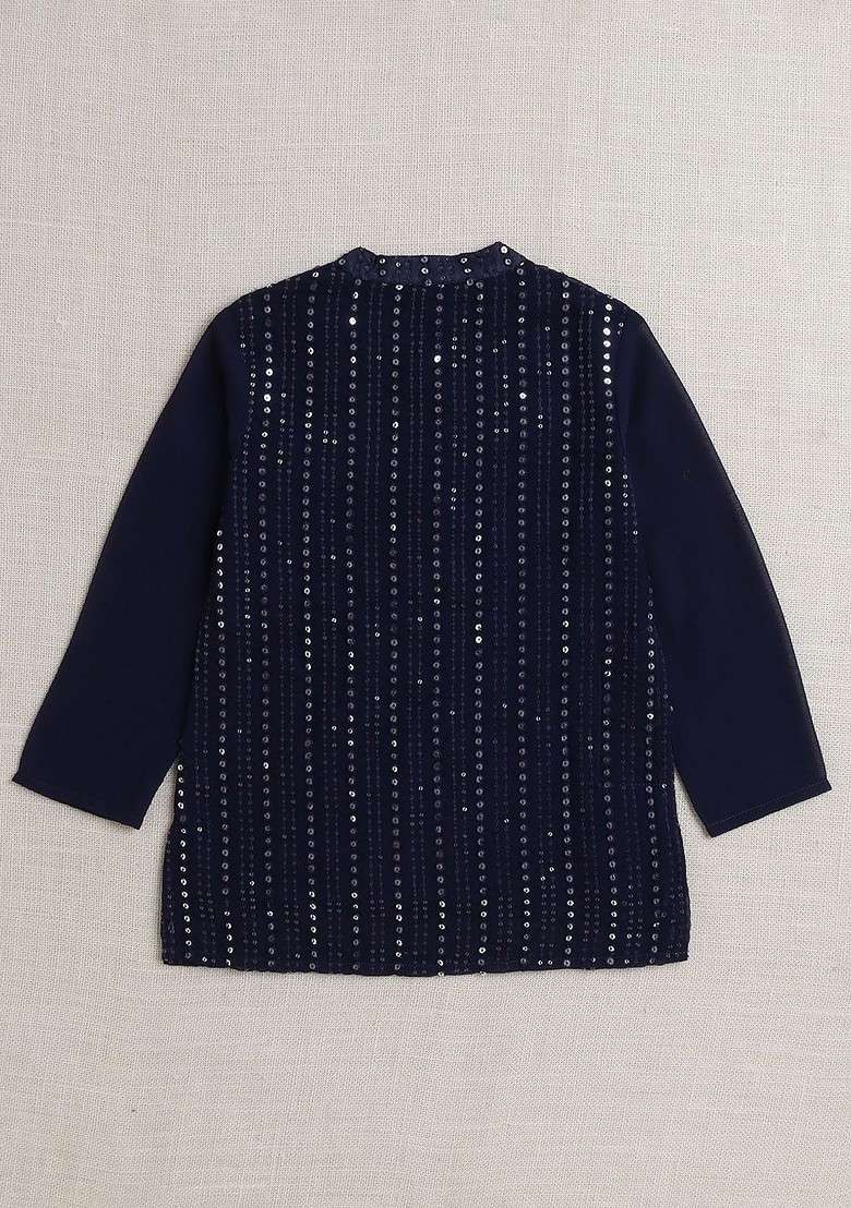 Navy Blue Embroidered Cotton Kurta Set For Boys - Indya