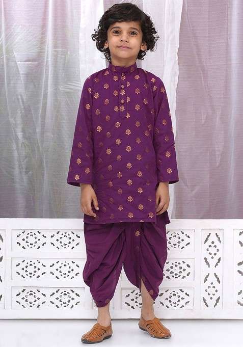 Purple Woven Design Cotton Kurta Dhoti Set For Boys