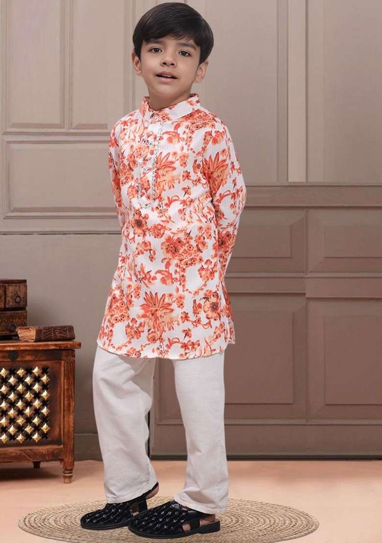 White Printed Blended Kurta Set For Boys - Indya