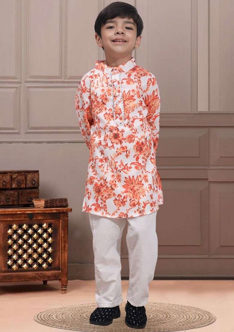 White Printed Blended Kurta Set For Boys - Indya