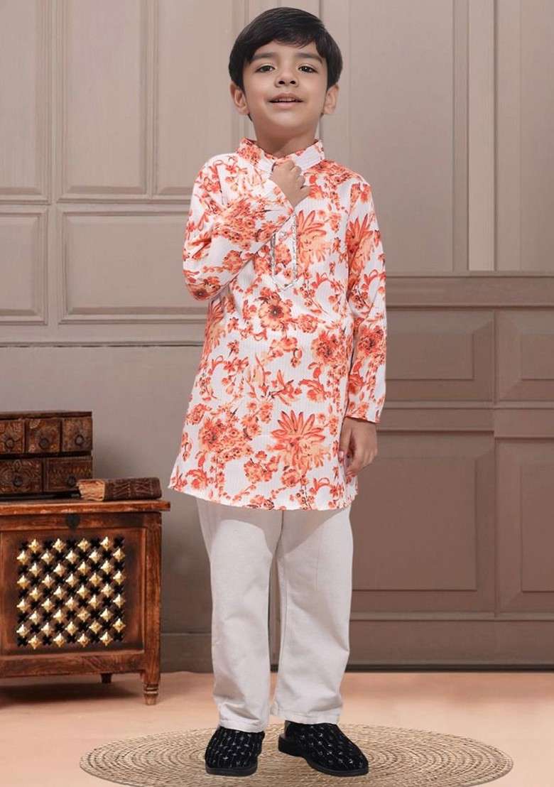 White Printed Blended Kurta Set For Boys - Indya