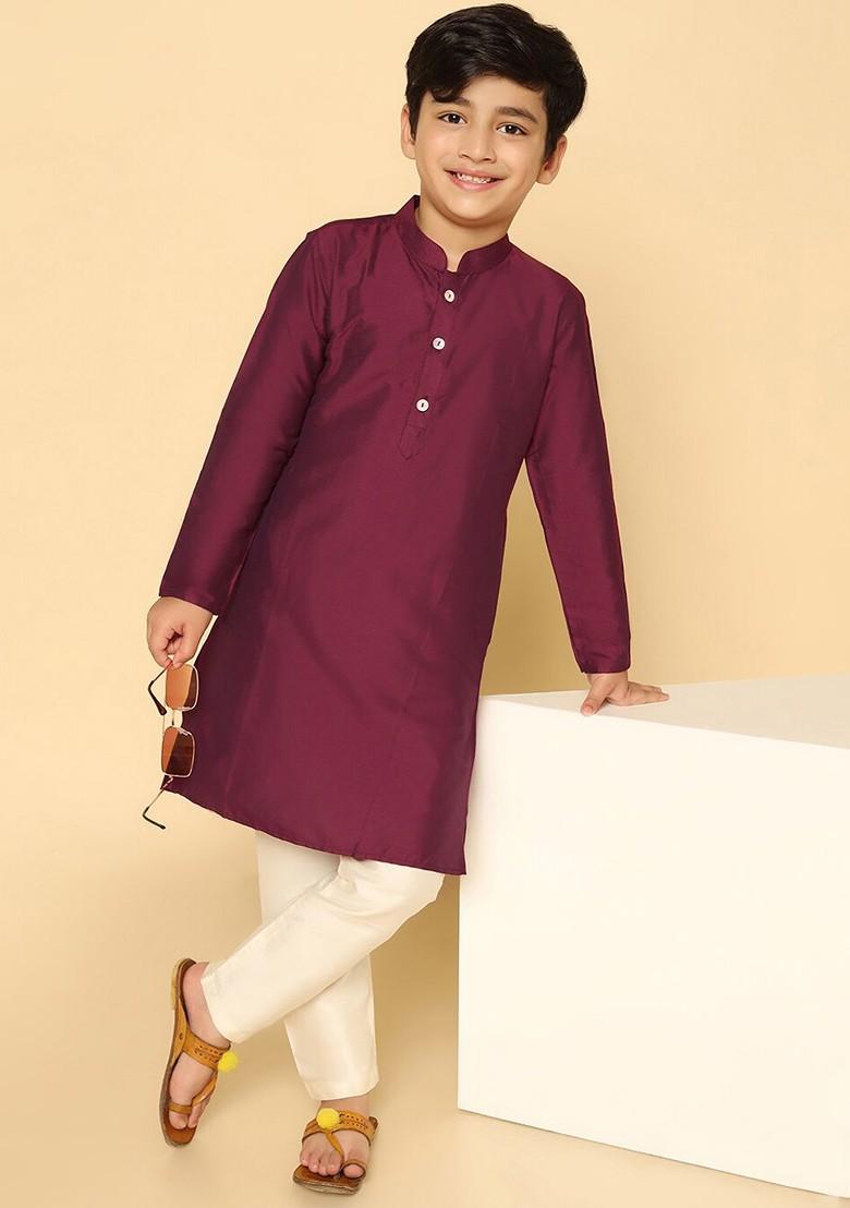Magenta Embroidered Blended Kurta Set For Boys - Indya
