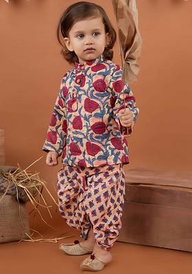 Maroon Printed Cotton Kurta Dhoti Set For Boys