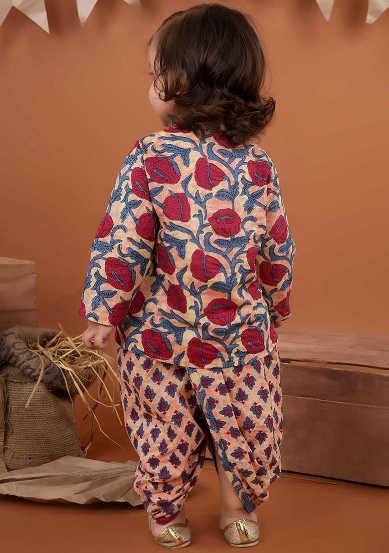 Maroon Printed Cotton Kurta Dhoti Set For Boys - Indya