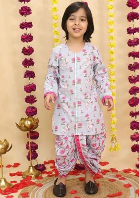 Blue Printed Cotton Kurta Dhoti Set For Boys
