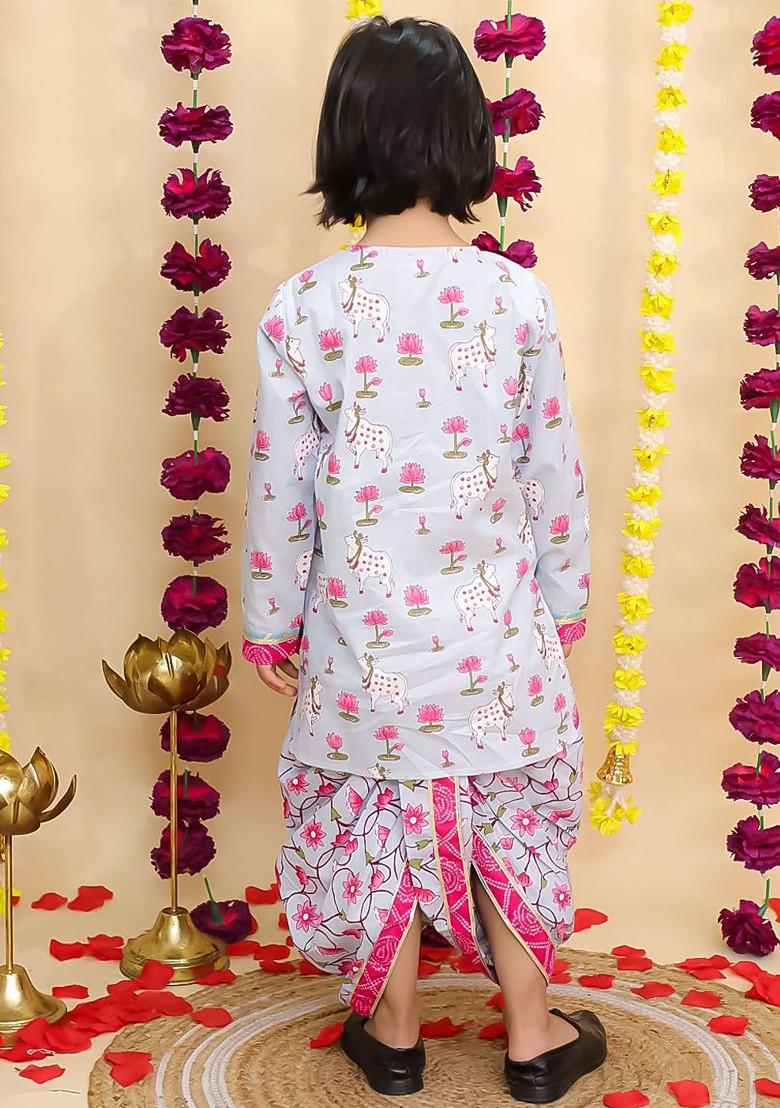 Blue Printed Cotton Kurta Dhoti Set For Boys - Indya