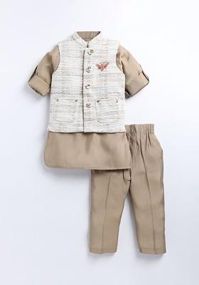 Beige Embroidered Blended Nehru Jacket Set For Boys
