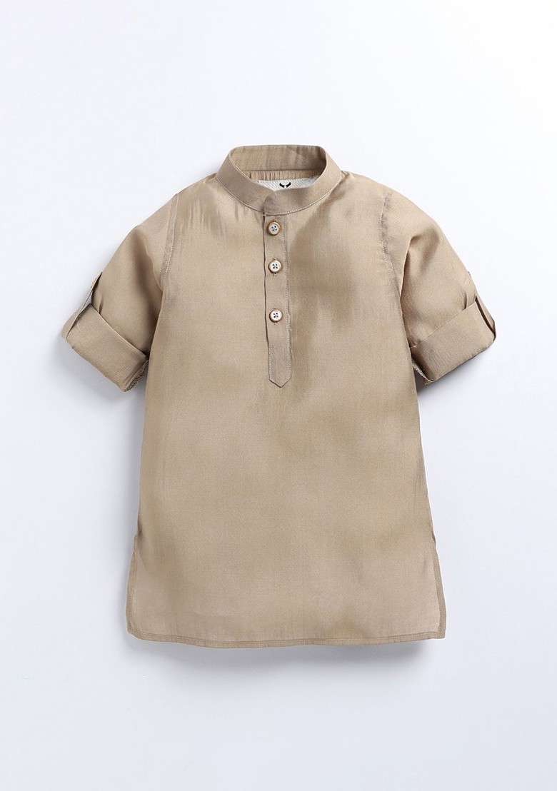Beige Embroidered Blended Nehru Jacket Set For Boys - Indya