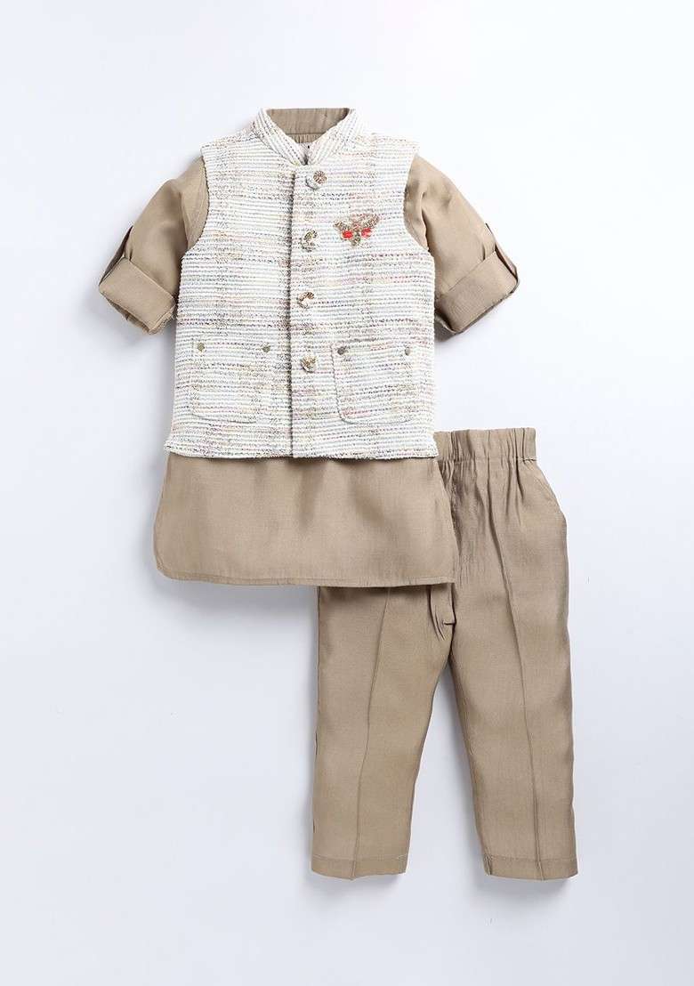 Beige Embroidered Blended Nehru Jacket Set For Boys - Indya