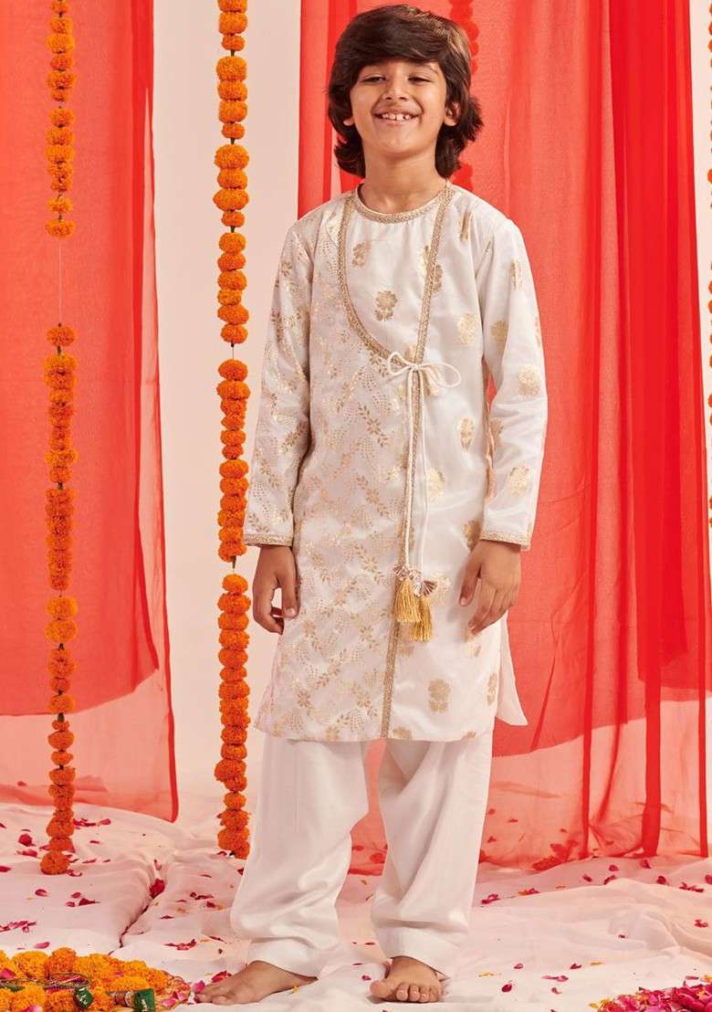 White Floral Blended Kurta Set For Boys - Indya