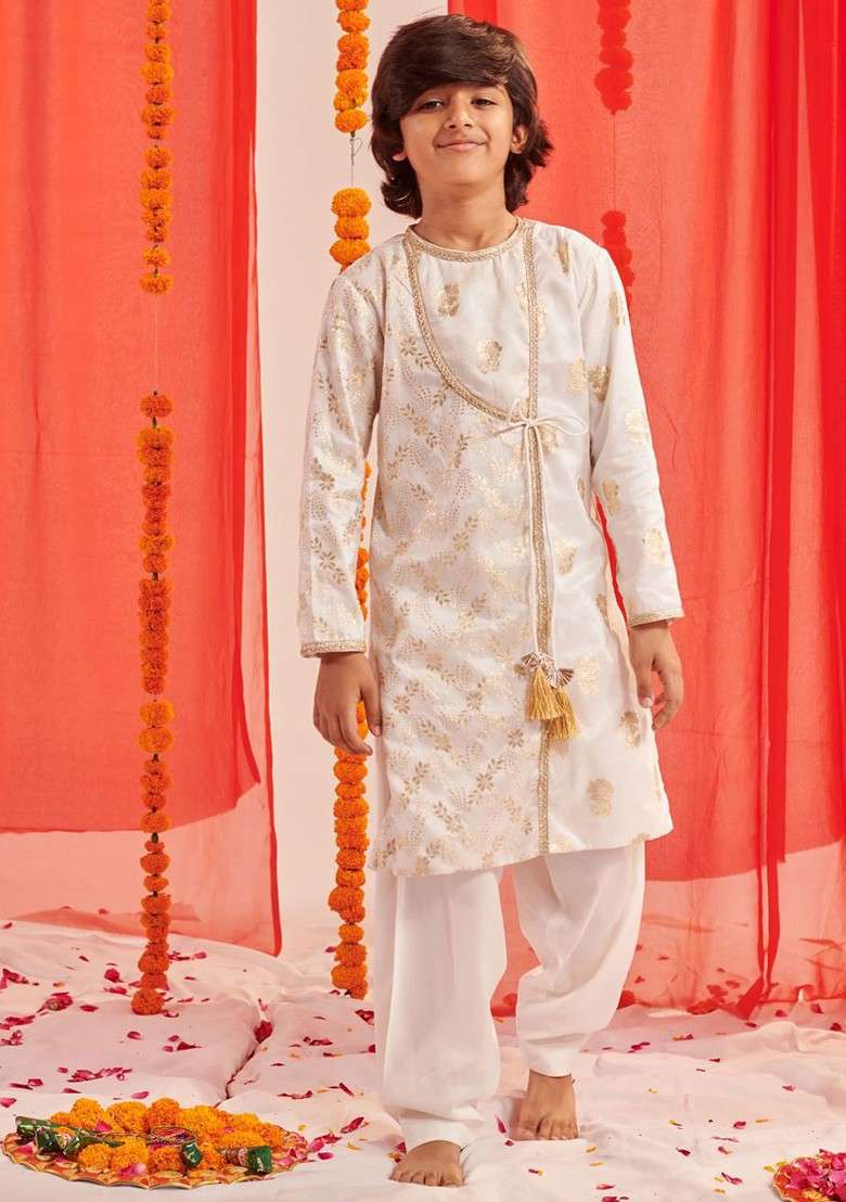 White Floral Blended Kurta Set For Boys - Indya