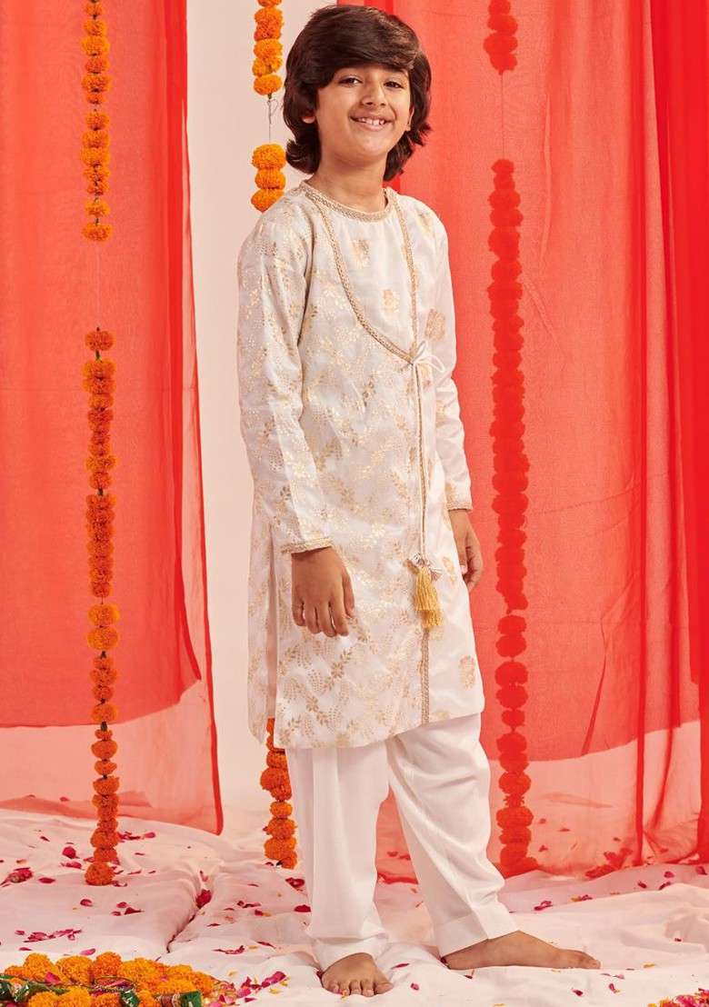 White Floral Blended Kurta Set For Boys - Indya