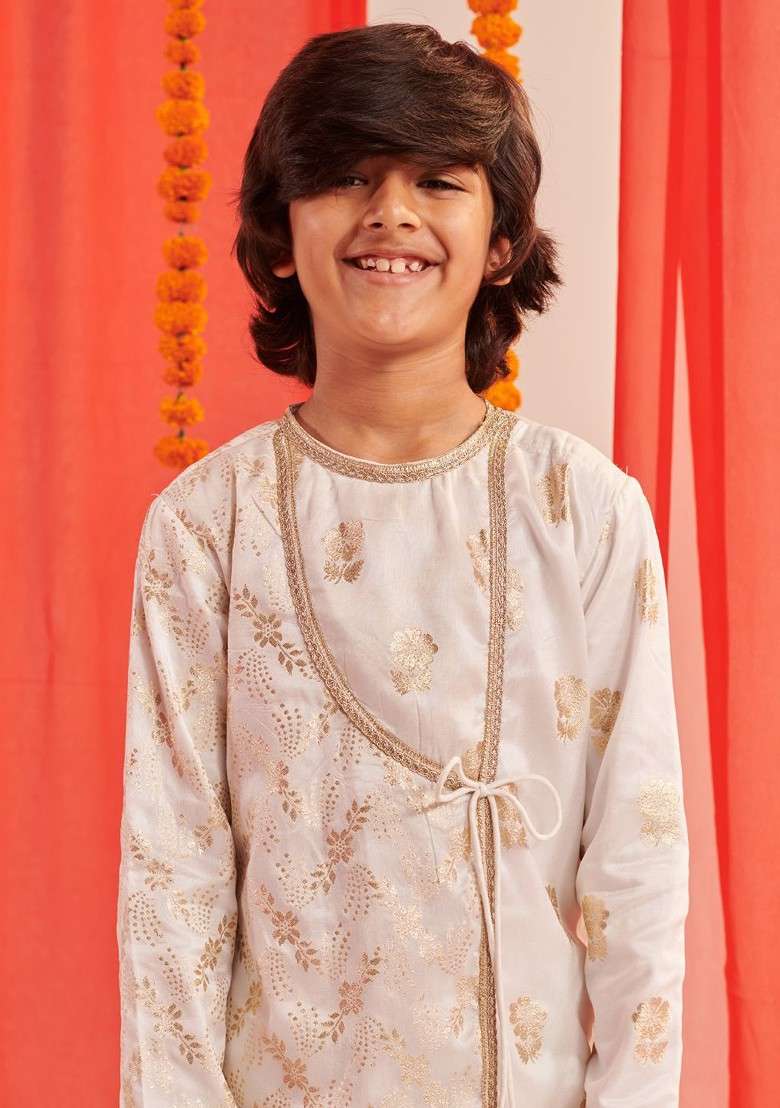 White Floral Blended Kurta Set For Boys - Indya
