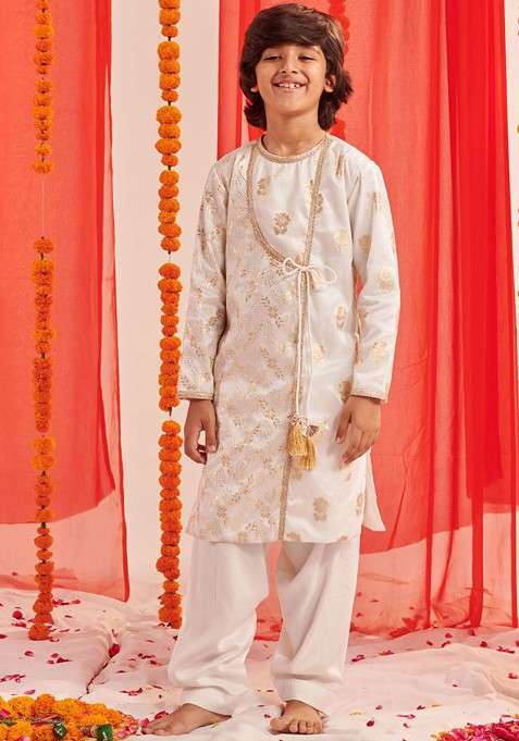 White Floral Blended Kurta Set For Boys