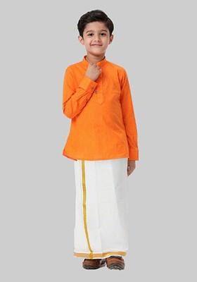 Orange Woven Design Cotton Kurta Set For Boys