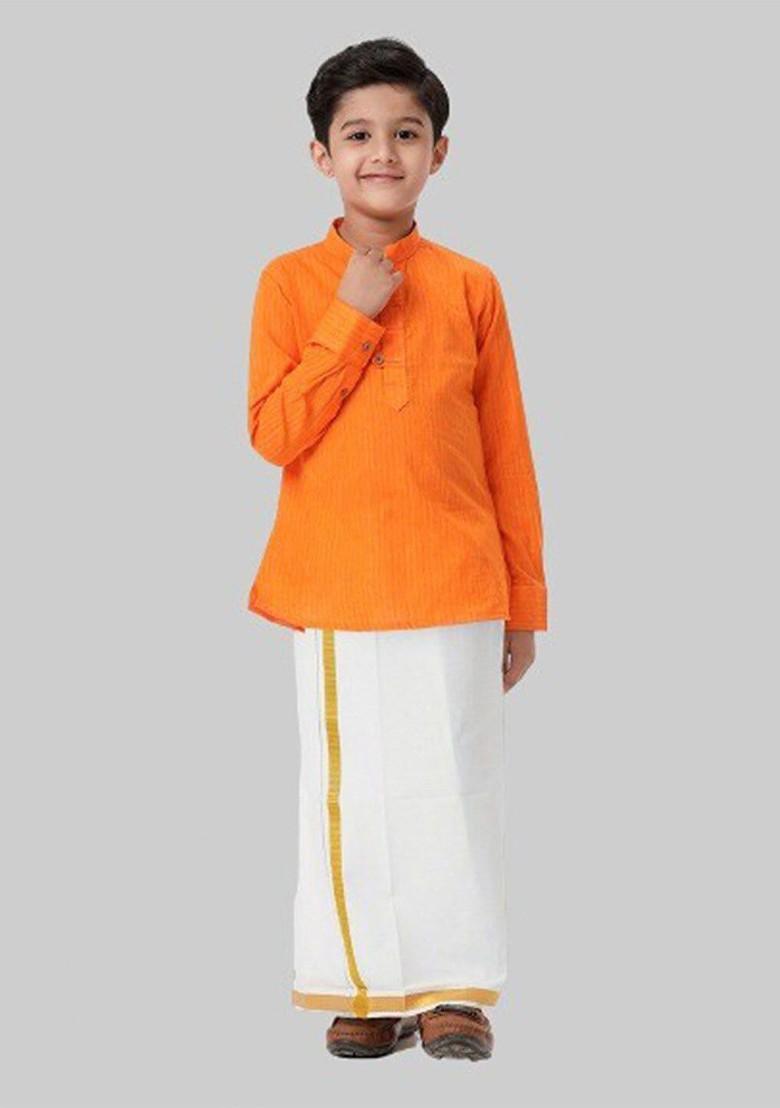 Orange Woven Design Cotton Kurta Set For Boys - Indya